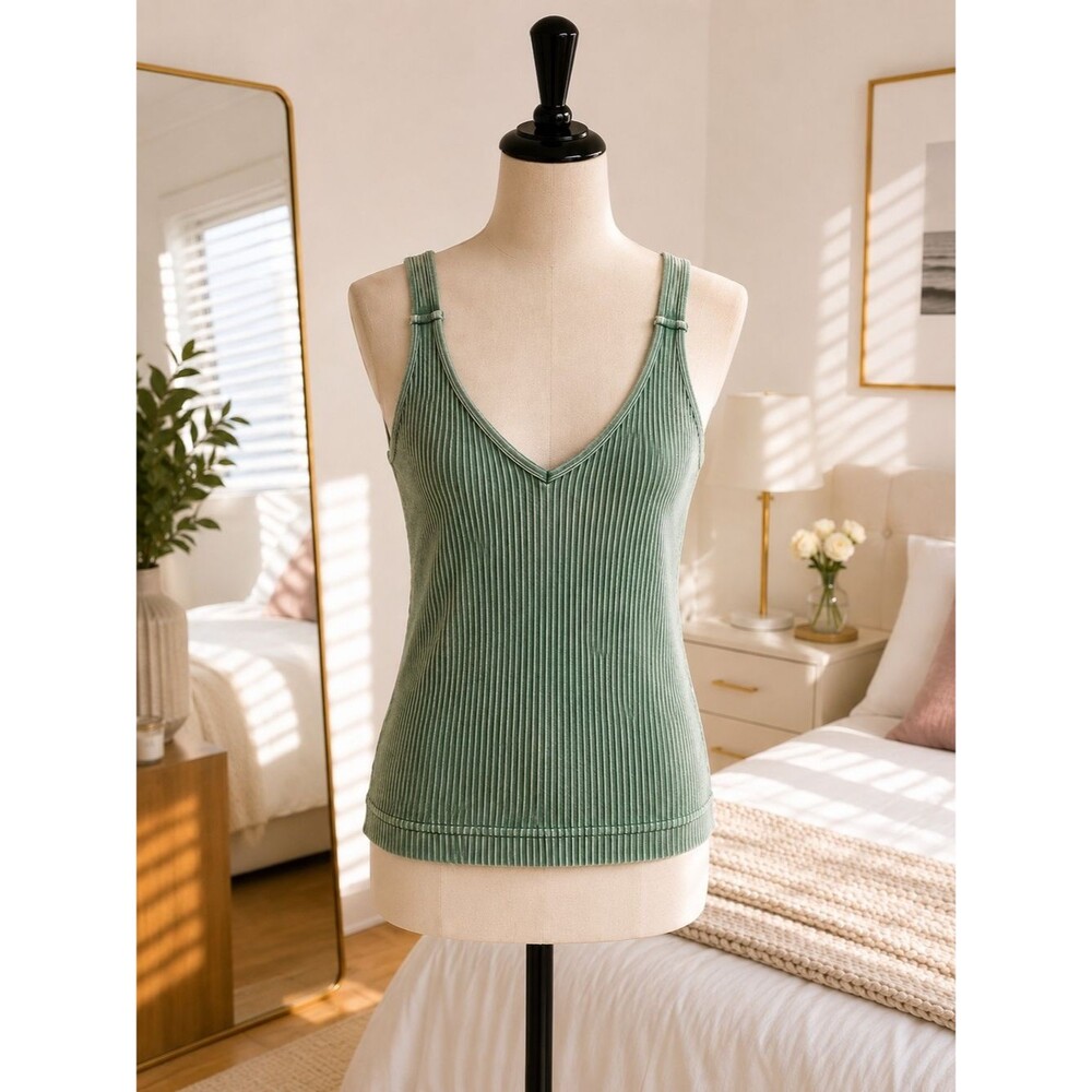 Zenana Outfitters Ribbed V-Neck Crop Tank - Sage Green
